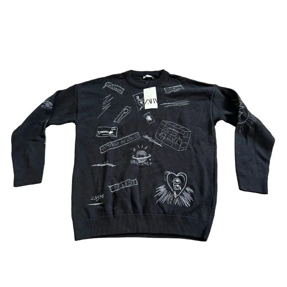 Zara Womens Sweater L Crew Neck Black Graffiti Streetwear 6771/401 NWT